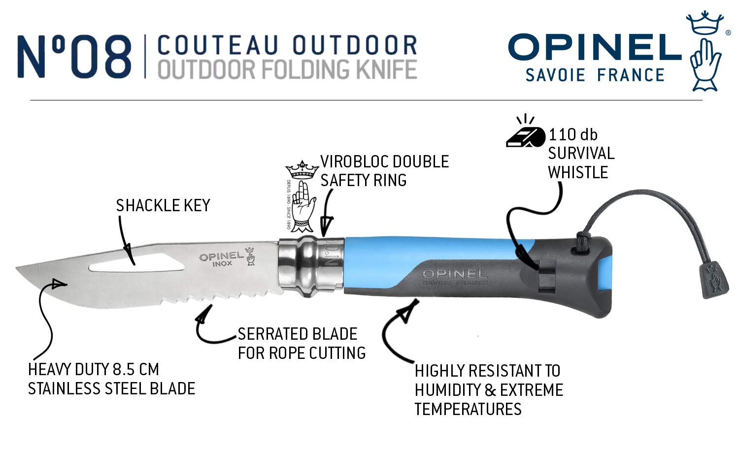 opinel-no-8-outdoor-messer-sandvik-12c27-stahl-teils-gezahnung-signalpfeife-und- image 2