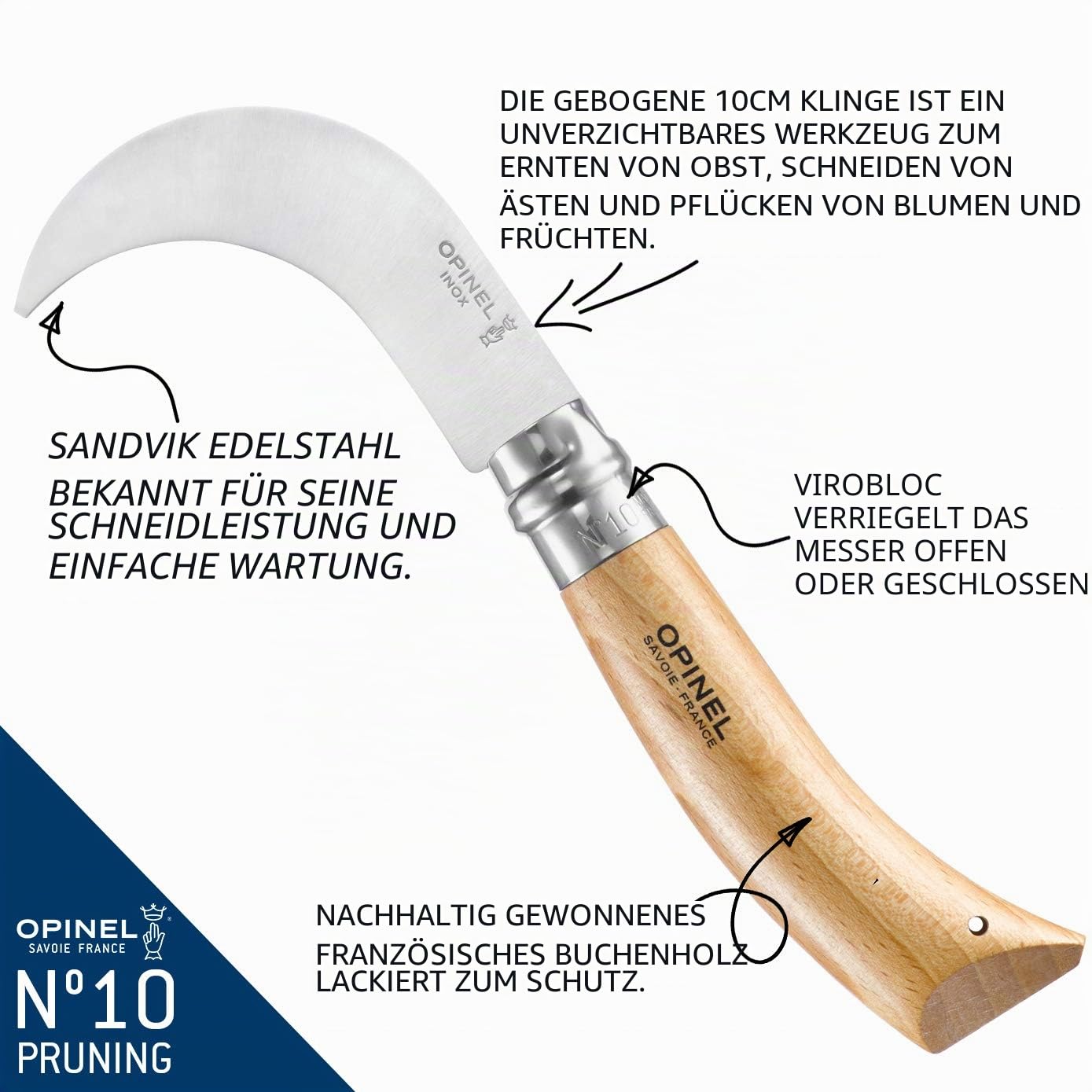 opinel-hippe-nr-10-mit-sandvik-edelstahlklinge-buchenholzgriff-gartenmesser image 2